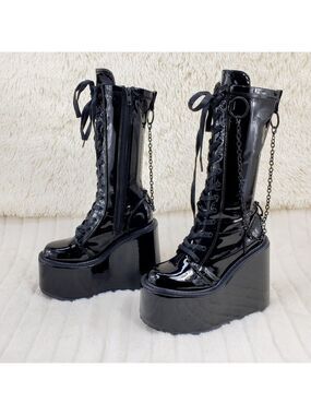 Demonia Swing 150 Stretch Black Patent Platform Goth Boots Chains